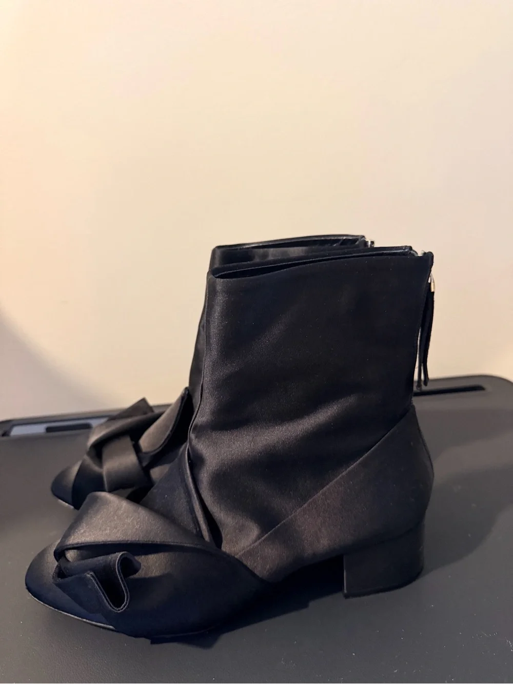 Black Satin Bow Ankle Booties - Women Authentic